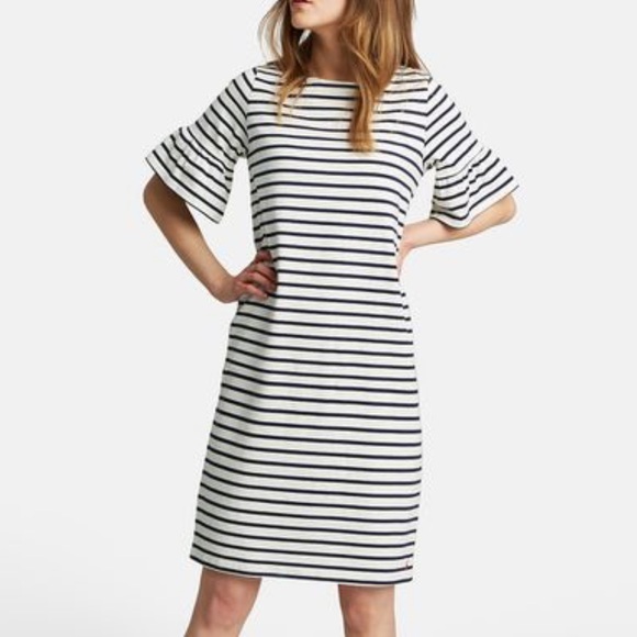 Joules Sienna Fluted Sleeve Dress Cream Navy Blue Striped Nautical Round Neck - Picture 8 of 8